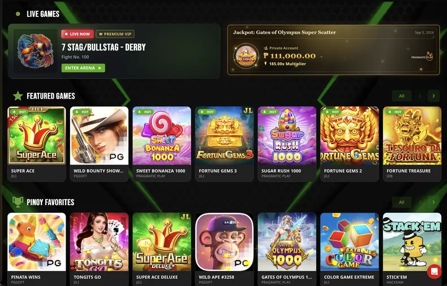 SWC lobby — live sabong derby, jackpot ticker at mga slot mula sa JILI, PG Soft at Pragmatic Play